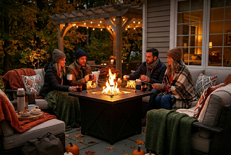 Vier vrienden genieten van warme dranken rondom een gas vuurtafel op een sfeervol terras in de herfst