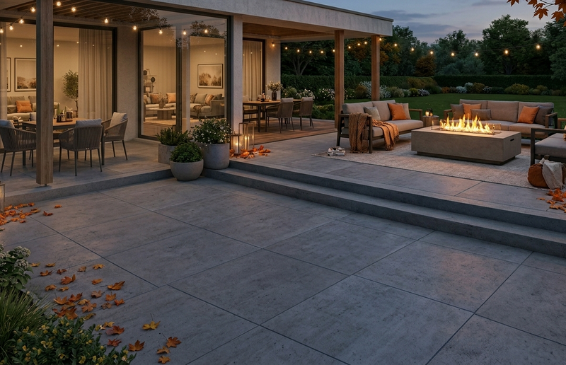 Moderne luxe tuin met rechthoekige gas vuurtafel op sfeervol terras in de avond herfst loungeset buiten