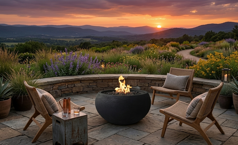Een ronde zwarte Elementi Luna Bowl vuurtafel op een sfeervol stenen terras in een tuin, brandend tijdens een goudgele zonsondergang met uitzicht over heuvels